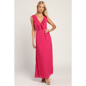 Lulus Loved By You Hot Pink Pleated Chiffon Maxi Dress - Size M